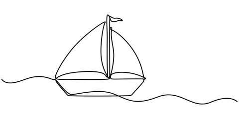 Sailboat icon continuous one line drawing outline vector, Simple illustration of a sailboat in the sea drawn with a continuous black line on a white background.                                        