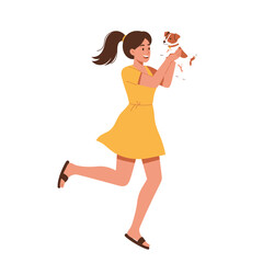 Happy Young Woman Running and Holding Her Small Dog Expressing Joy and Love for Her Pet