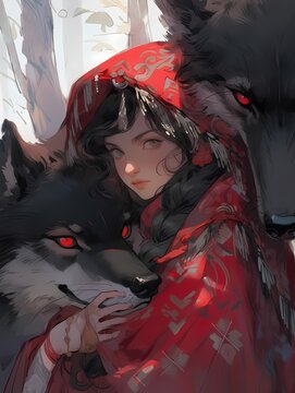 Young girl red eyes cloak holding bird two wolves anime illustration