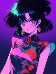 Anime female character, floral dress, expressive eyes, pink and purple background