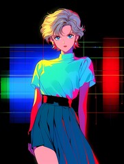 Anime girl portrait, short blonde hair, blue eyes, vibrant outfit, digital illustration.