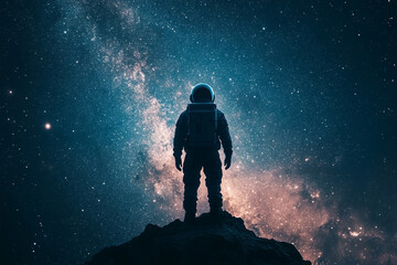 Obraz premium Silhouette of a lone astronaut staring at a distant galaxy