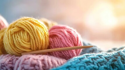 Colorful yarn balls and knitting needles on knitted fabric.