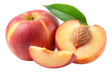 Ripe Peach with Velvety Skin and Green Leaf Isolated on Transparent Background