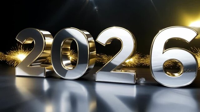 Silver "2026" in monospaced font on black background with golden shimmering accents. Concept of modern celebration and new year energy