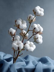 Natural cotton flowers in a small bouquet on blue fabric background.