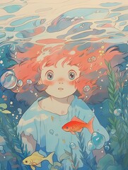 Young girl with red hair interacts with sea life in calm blue ocean