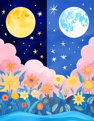 Dreamy Night Landscape with Moon Sun and Stylized Flowers
