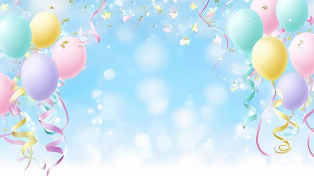 Colorful balloons in pastel shades float against a dreamy blue background, surrounded by sparkling stars and festive ribbons, creating a joyful celebration atmosphere