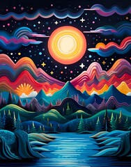 Anime illustration of a serene twilight landscape, radiant sun, shimmering water, rolling hills, tranquil scene.