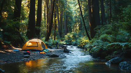 Orange Tent Set Up Beside a Stream in a Lush Forest