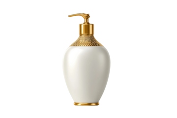 PNG Elegant white and gold lotion bottle with pump dispenser on black background