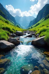 Crystal clear Welsh water cascading over rocks in a vibrant green landscape, reflecting the bright sky A serene and untouched natural scene , vibrant, ecosystem