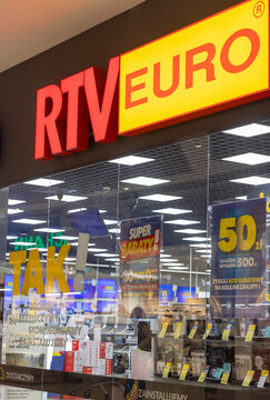 Bialystok,Poland- May 27 ,2025: RTV Euro AGD storefront with illuminated logo and promotional posters in shopping mall