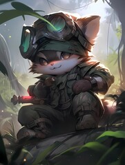 A young fox, wearing goggles and gloves, sits on a mossy rock, holding a small device, its sparkling eyes hinting at mischief in the lush forest.
