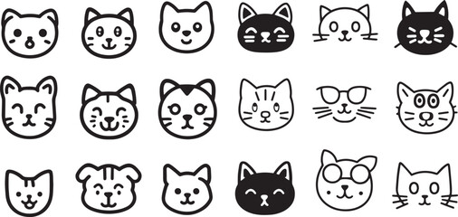Cute Cat Face Icon Set. Hand Drawn Kitty Head Vector Collection for Stickers, Emojis, and Pet Designs