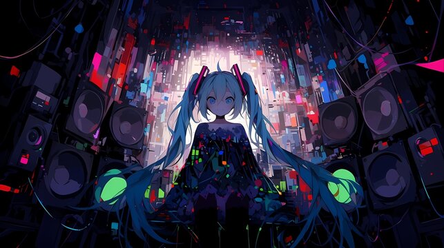 Futuristic control room, young anime girl with striking blue eyes and vibrant dress stands at center, colorful wires and speakers, connection and commanding presence.