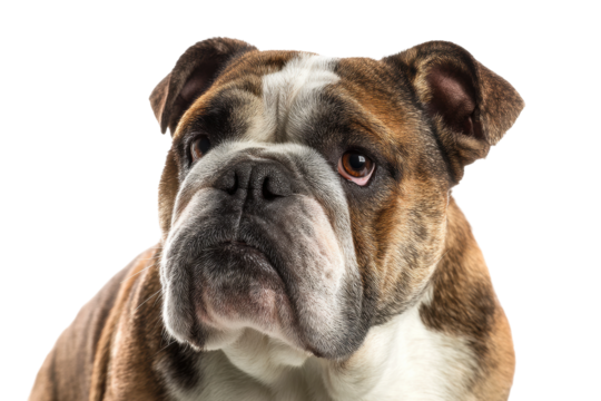 PNG Portrait of a thoughtful english bulldog with brown and white coat