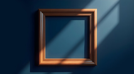 Stylish wooden frame with sunlight shadows on dark wall, great for advertising campaigns and tech