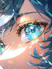 Anime style close up of striking blue eye with dark eyelashes, surrounded by blue hair and soft pink background, with shimmering particles. Magical illustration.