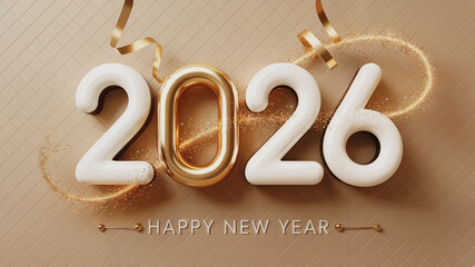 Luxury 3D Happy New Year 2026 Greeting with Gold and White Balloon Numbers and Confetti