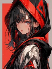 Anime young girl with red eyes and blush looking to side, wearing hooded jacket with geometric earrings.