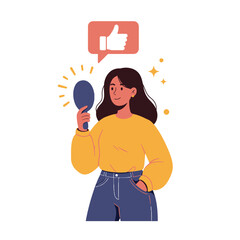 Woman looking in mirror with thumbs up icon self love concept