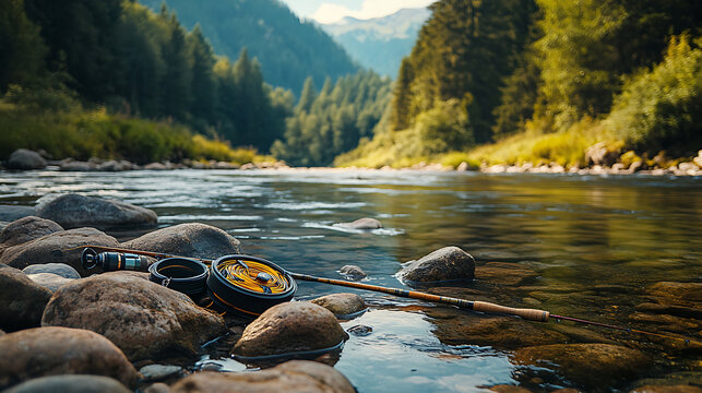 Fly Fishing Gear Resting by a Mountain River - Powered by Adobe