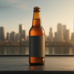 都会の風景を背景にしたラベルなしのビール瓶モックアップ