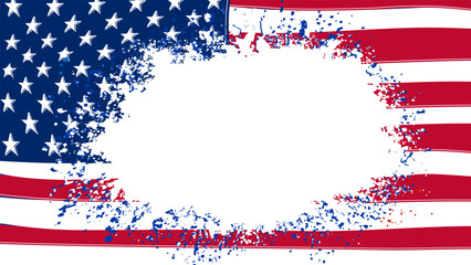 Grunge American flag frame with ink splash cutout center. Perfect for overlay, text, or photo insert in patriotic designs.