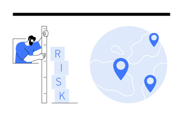 Man evaluating risk on a vertical scale alongside a globe displaying location markers. Ideal for decision-making, global analysis, data evaluation, management, business strategy, planning, simple