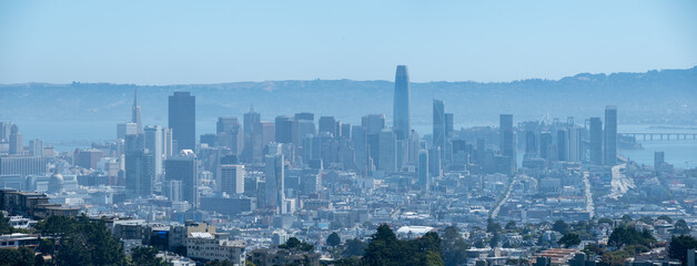 Downtown San Francisco skyline including the Salesforce Tower viewed under clear blue skies from Twin Peaks on May 25, 2020