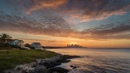 / Calm Beach House at Sunset with the City Skyline in the Background