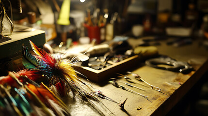 Fly Tying Workspace with Feathers and Tools
