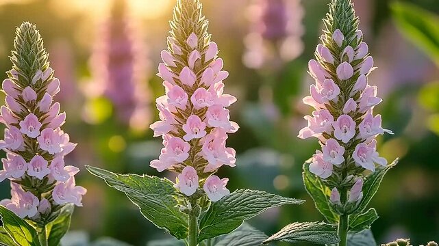 Beautiful pink obedience plant flowers in a field bathed in the warm glow of golden sunlight