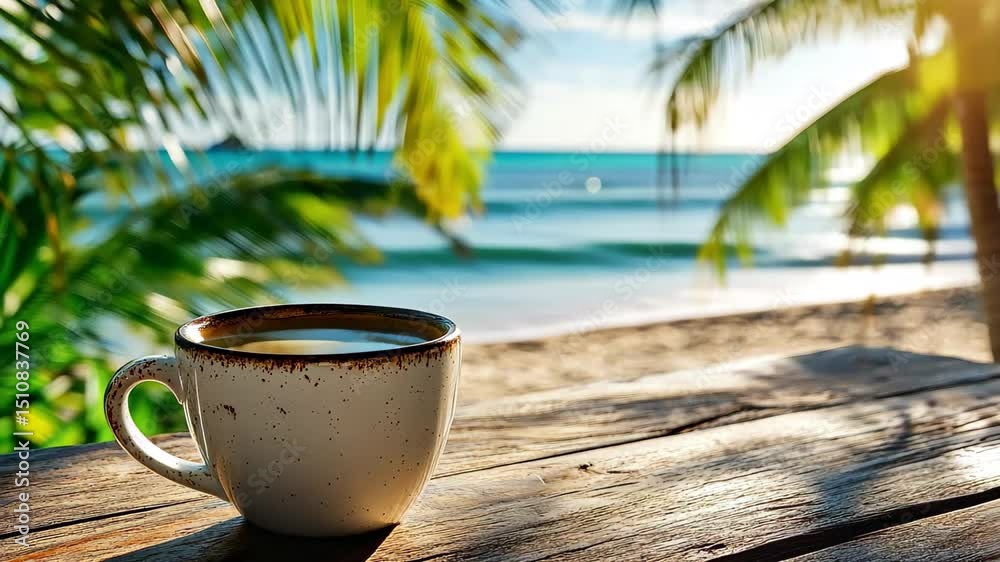 Wall mural enjoying coffee on a rustic table overlooking the serene sea and palm trees during a sunny day, coff
