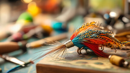 Close-up of a Colorful Fly Tying Project on a Workbench