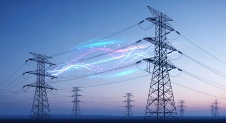 Power lines with glowing energy transmission. Digital electricity data flow concept through transmission towers.