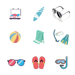 Summer vacation essentials icons set isolated on white background