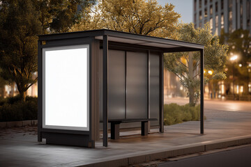 White blank poster mock up on the glass bus stop shelter in the city.