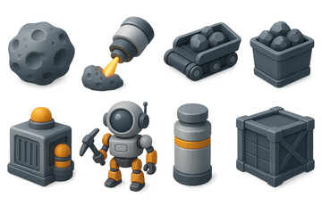 Space Mining Icons. 3D icons set of space mining operations: asteroid chunk, laser drill, conveyor belt, ore container, refinery