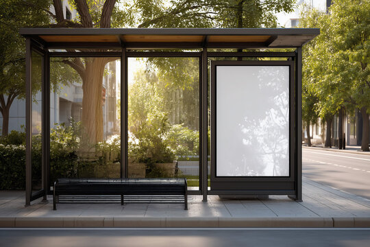 White blank banner mock up on the glass bus stop shelter in the city.
