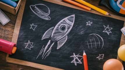 Hand-drawn space illustration on blackboard with educational items behind.