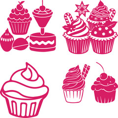 Cute seamless pattern of cartoon cupcakes and cakes with sweet decorations in a vector illustration
