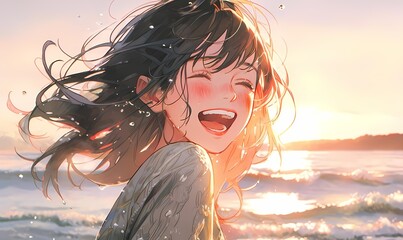 Anime illustration of a young woman laughing joyously at the beach, setting sun casting warm glow on face.