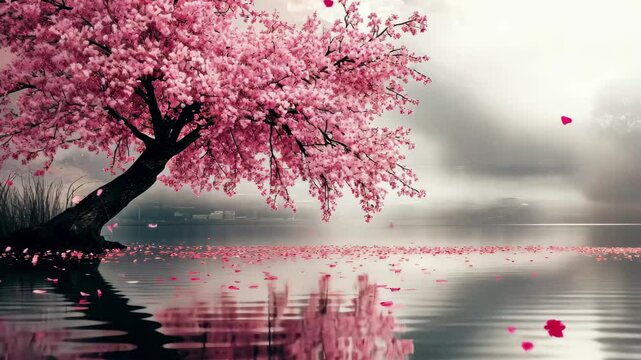 Cherry blossom tree reflects in calm waters during spring near tranquil landscape, Beautiful Cherry Blossom Tree in Peaceful Waters