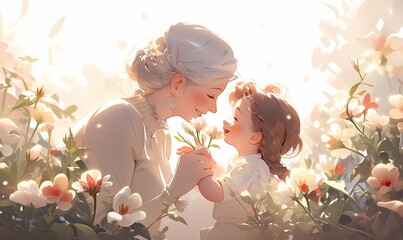 Grandmother and young girl share tender moment in field of white and pink flowers, warmth and love, anime style.