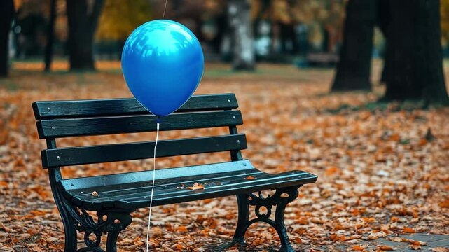 Blue balloon tied to an empty bench in a park surrounded by autumn leaves, Blue balloon tied to empty bench in park during autumn