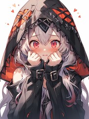 Anime character, mysterious, red eyes, white hair, white background.