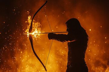 Silhouette of an archer releasing a flaming arrow